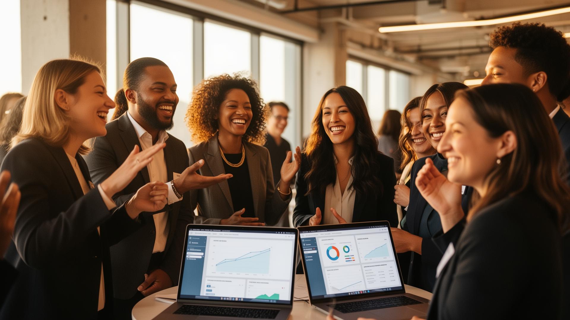 Diverse minority and women founders networking and reviewing growth dashboards together