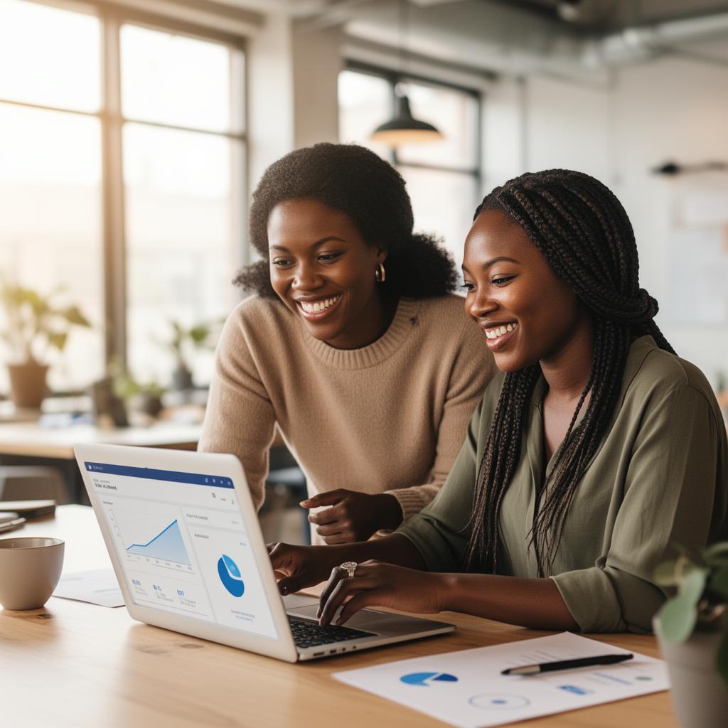 Two founders collaborating over a growth dashboard