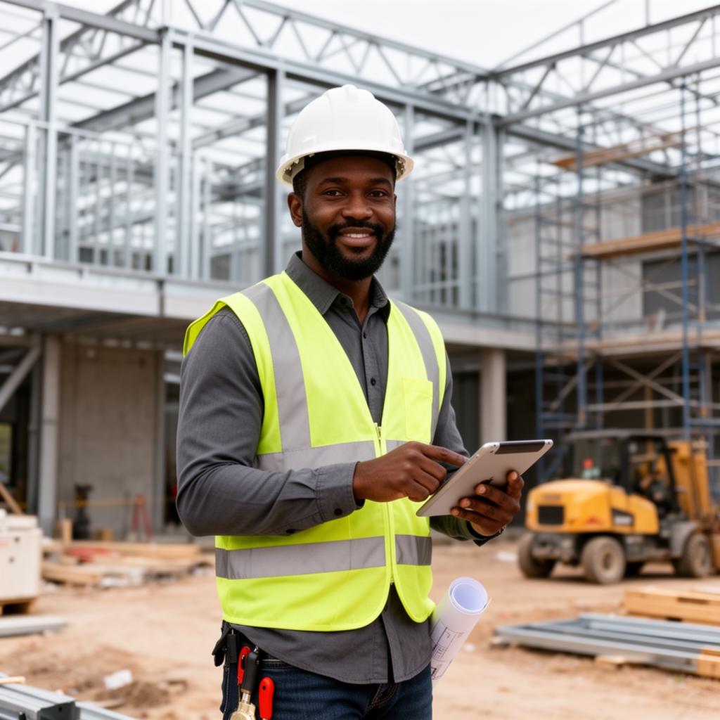 Black construction company owner standing on an active commercial job site