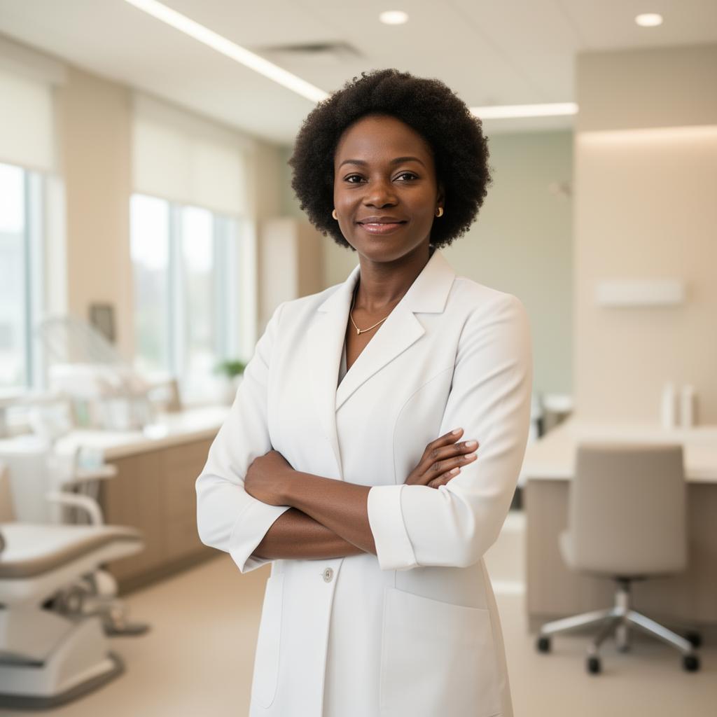Black female physician-owner standing inside a modern outpatient healthcare clinic
