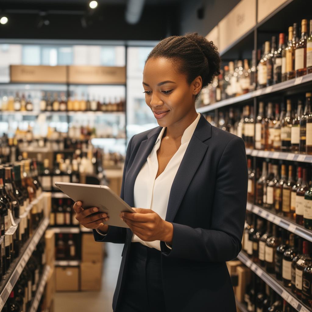 Black woman business owner reviewing performance on a tablet inside a modern liquor store