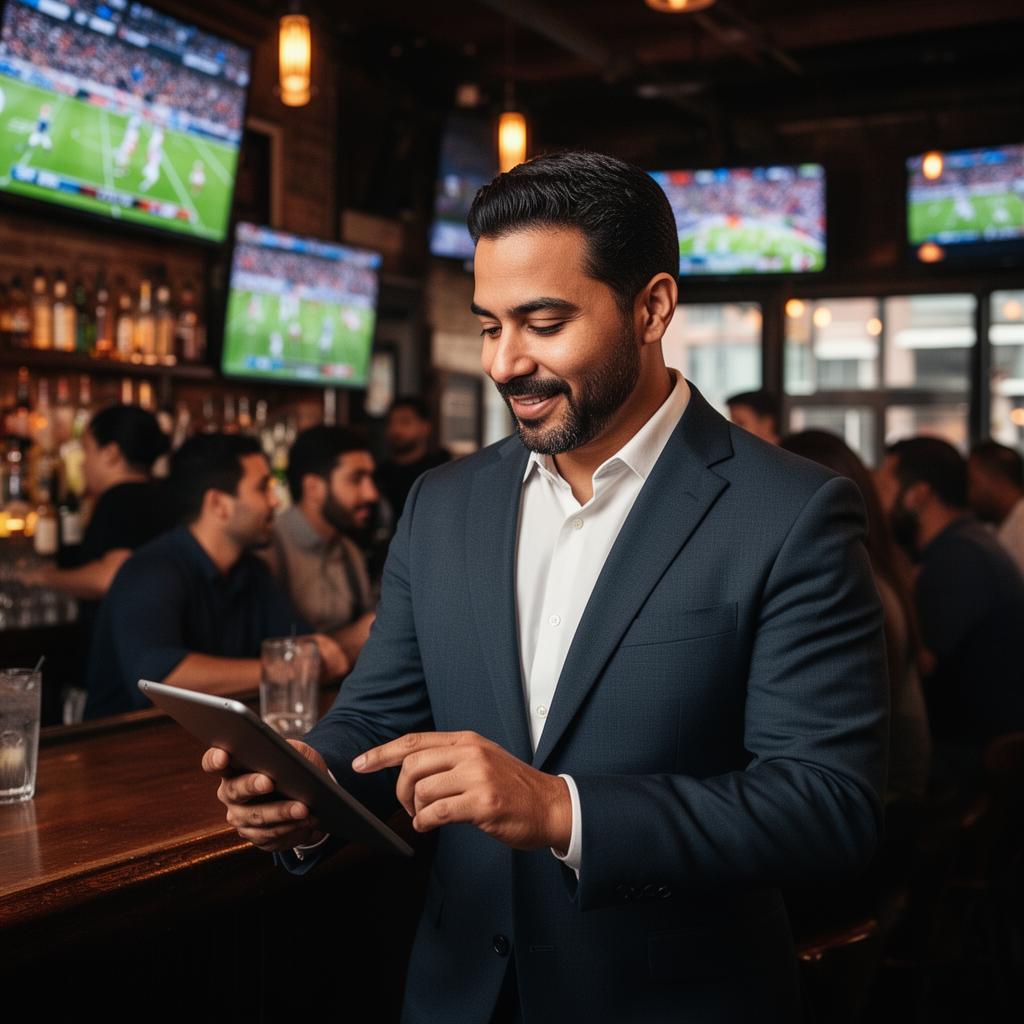 Hispanic man business owner inside a busy Brooklyn sports bar on game day