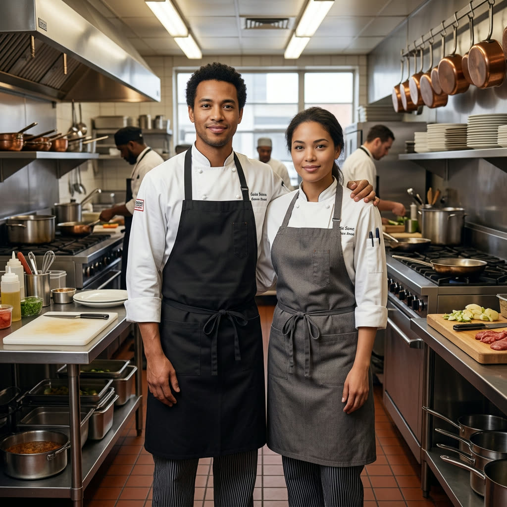 Restaurant owners in their kitchen during service